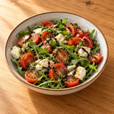Salada Caprese com mozzarella fresca, tomate cherry, pesto e rúcula